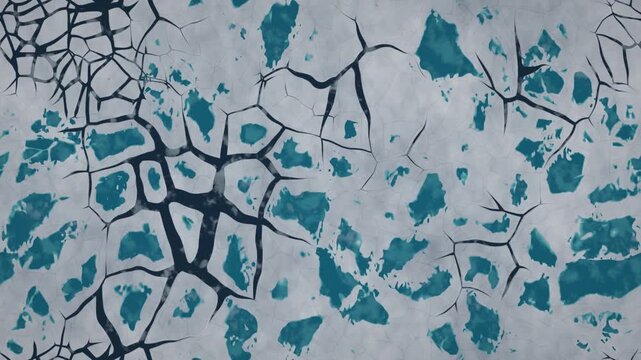 Aerial Arctic Sea Ice Melt Ponds Widening and Refreezing Between Drifting Floes, Seamless Loop in cool white tones