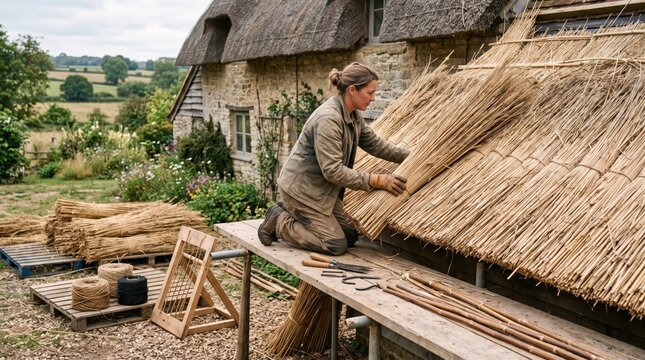 Thatcher working on a traditional thatched roof with straw bundles and tools