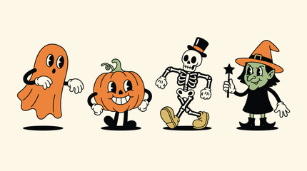 Fototapeta premium Trick or Treat Halloween Pumpkin and Ghost Cartoon Vector Illustration Set with Cute Children, Cat, Dog, Monsters, Skulls and Spooky Holiday Decorations