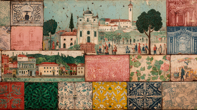Wide patchwork of tiles scenes of a patron saint procession