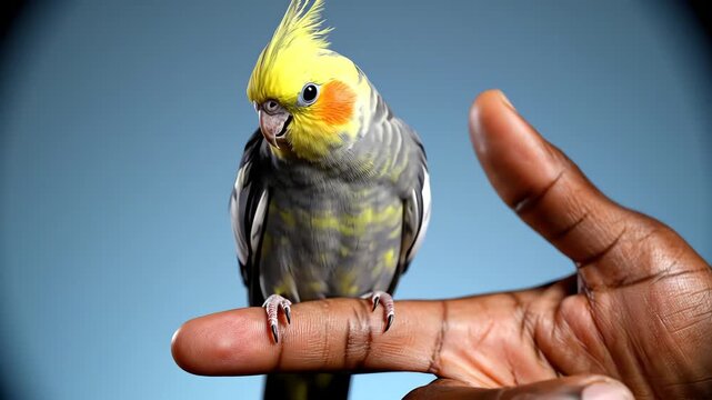 Cockatiel parrot perched on human finger against blue background