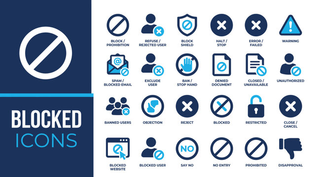 Set of blocked and forbidden icons, including prohibition, stop, error, warning, banned user, and restricted access symbols for web and mobile interface design