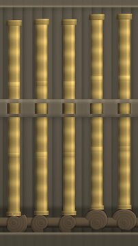 Snail Cams Lifting a Bank of Tappet Rods That Drop and Bounce Seamless Loop in vibrant brass tones vertical 9:16