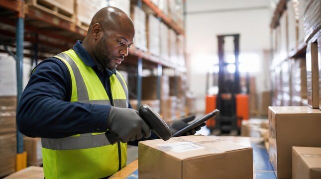Warehouse worker scanning a shipping carton