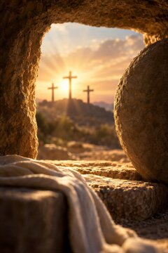 Dramatic sepulchre view of Calvary with three wooden crucifixes on a hill, bathed in radiant sunbeams, symbolizing Christian Easter resurrection and redemption.