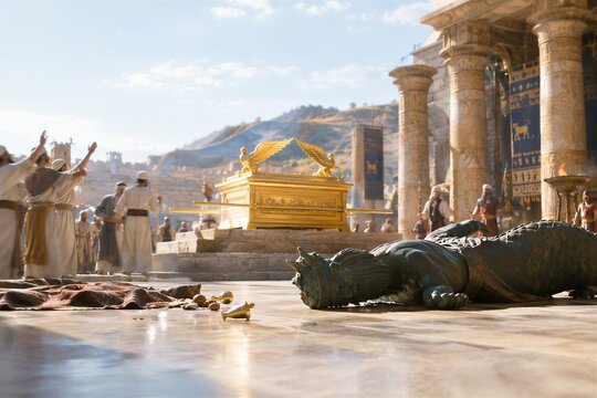 Ancient Philistine Temple Scene with Dagon Idol Prostrate Before the Golden Ark of the Covenant