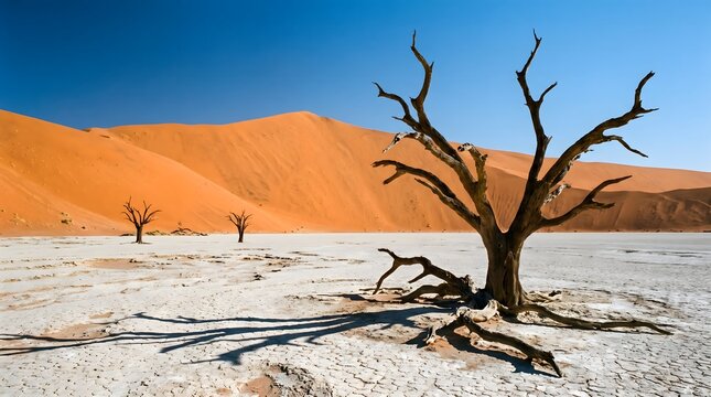 A dead camel thorn tree standing in the white clay pan of deadvlei with massive orange sand dunes behind