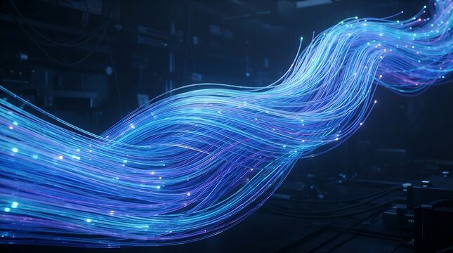 A vibrant wave of glowing blue and purple fiber optic cables illustrating high-speed data transmission and digital connectivity.