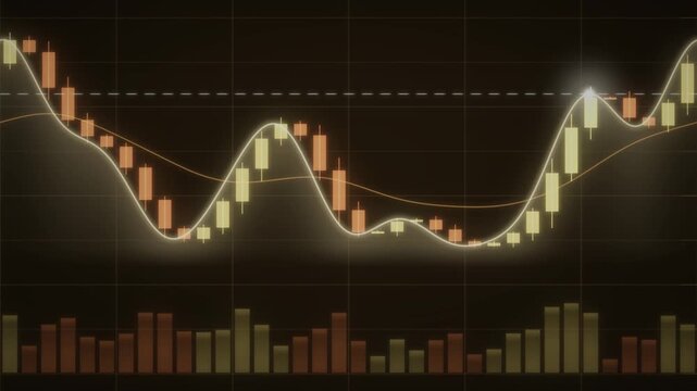 Financial candlestick stock market chart with rising trend line and volume bars seamless loop in rich gold tones