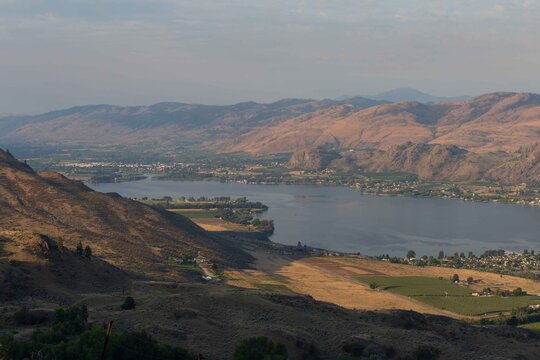 Osoyoos, British Columbia &ndash; Desert Lake Town in the South Okanagan captured from the mountains above in July on a lovely sunny day. 