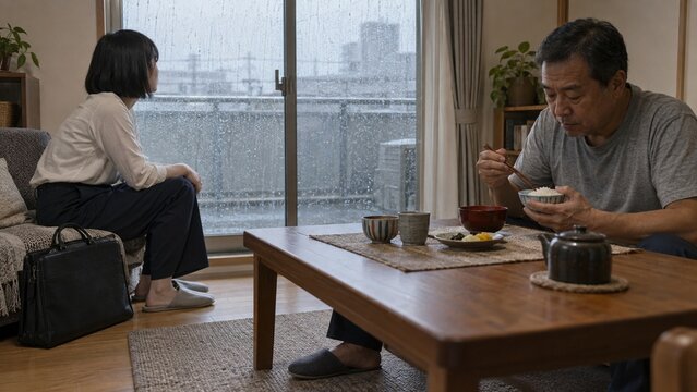 An older man eats rice with chopsticks at a wooden table, while a person sits on a couch looking out a rainy window in a room