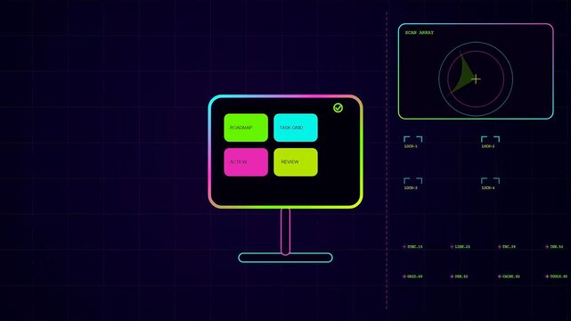 a futuristic digital whiteboard featuring glowing neon interface elements and circular motion displays showcased across a repeating dark grid panel to represent modern virtual command systems
