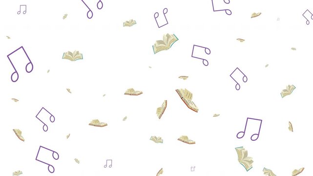 Educational pattern with floating books and musical notes on white background