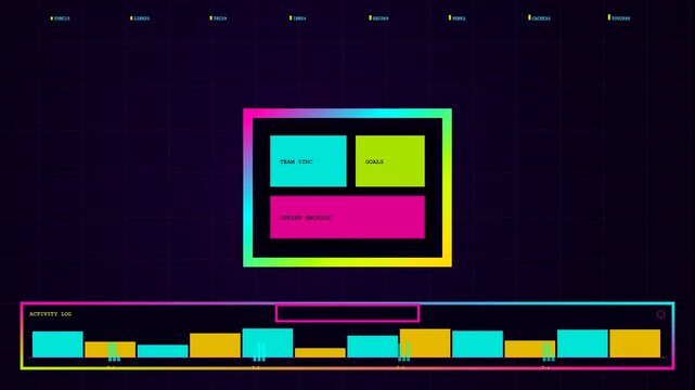 A digital whiteboard layout glows on a dark screen featuring animated modular project windows and active bar graphs for team progress tracking in motion design