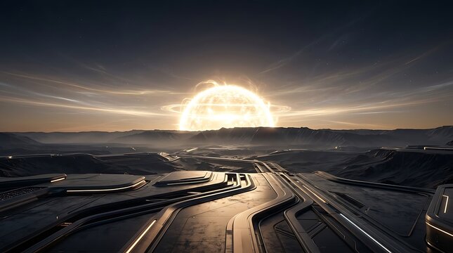 A breathtaking view of a colossal star illuminating a futuristic alien landscape with advanced pathways and structures.