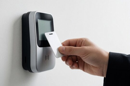 Employee uses magnetic badge to clock in at office. Person taps electronic access card on wall mounted reader machine for attendance tracking. Digital time control system monitors work hours,