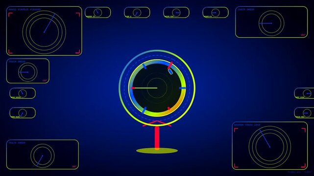 A digital whiteboard interface featuring circular radar scanners rotating in sequence across a dark blue gradient display screen showcasing technical data monitoring and tactical scanning operations