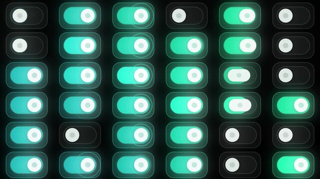 UI Toggle Switches Flipping On and Off in Sequence Control Panel Seamless Loop in bright black tones