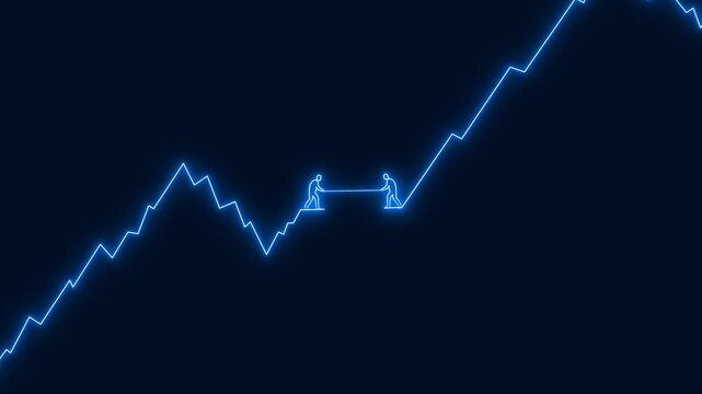 Two Business Partners Bridging A Gap In A Rising Neon Growth Chart Blue Neon Outline Animation. Teamwork, Business Partnership, Problem Solving, And Overcoming Obstacles To Achieve Success