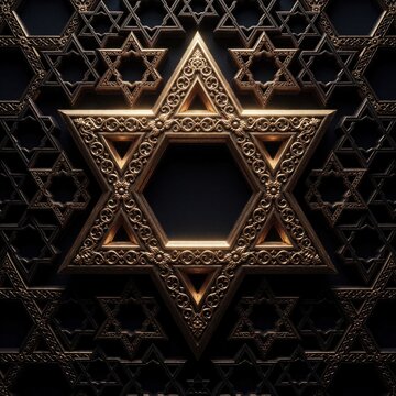 Intricate gold star pattern forms a central hexagram design. Dark background shows repeating sacred geometric motifs. Ornate metal surface suggests divine wisdom and rich cultural history.