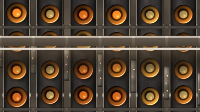 Overhead Bottling Line Tracking Pan Along Conveyor Lanes of Capped Bottles With Depth Parallax, Seamless Loop in bright amber tones