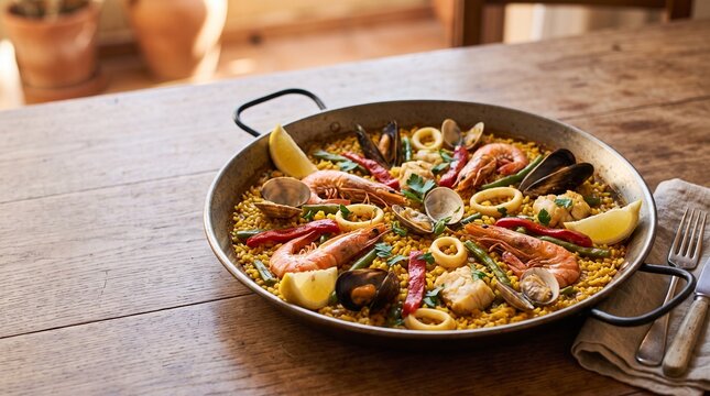 Authentic Spanish paella with saffron rice and seafood, created for restaurant menus, hospitality advertising, culinary websites and Mediterranean food campaigns.