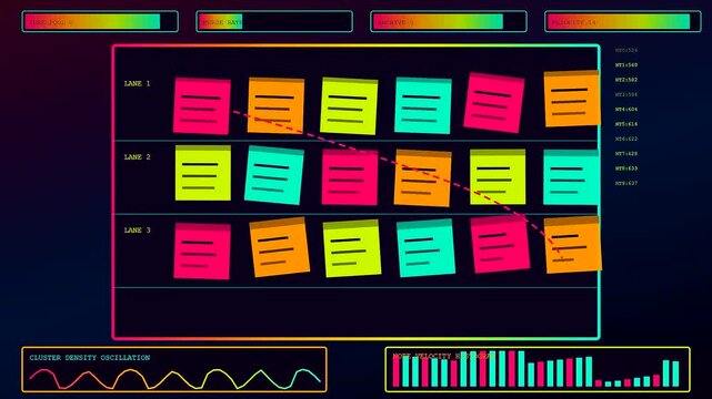 Three screens displaying a digital whiteboard interface featuring multicolored sticky notes arranged in columns with moving graphs and data visualization metrics shown in a modern UI style
