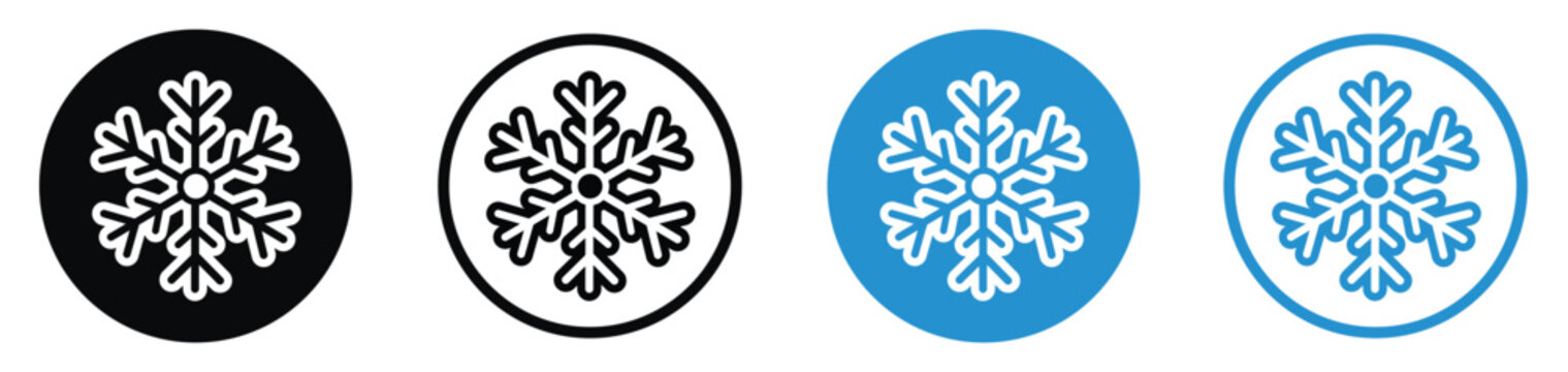 Clean simple snowflake icon set in black and blue circle badges. Flat vector illustration for winter season, cold weather, freezing temperature, cooling system, Christmas, and snow design.