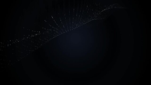Abstract shimmering particles and light streaks move slowly in dark blue background, digital art, science concept