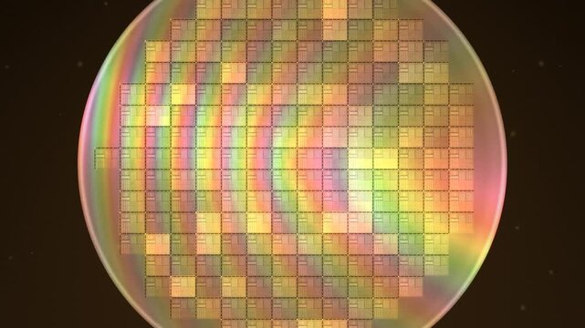 Semiconductor silicon wafer with microchip die grid rotating under inspection light with iridescent rainbow diffraction, seamless loop in bright copper tones