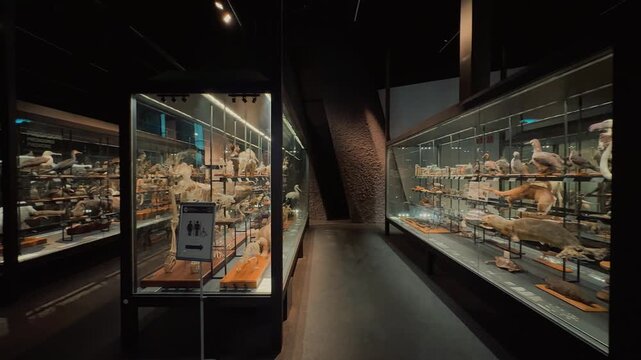 A natural history museum glass display case showcasing biological specimens preserved in formaldehyde jars, including various marine creatures, insects, and anatomical oddities arranged neatly 