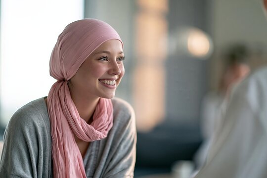 Smiling young woman wearing pink headscarf sitting in modern indoor room
