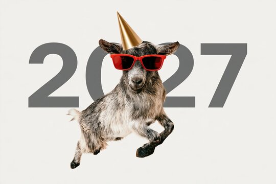 Jumping goat wearing red sunglasses and a party hat against a neutral background