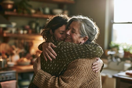 Middle-aged mother and adult daughter hugging inside a cozy home kitchen
