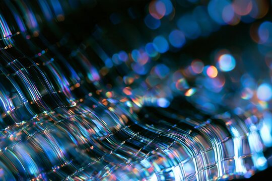 Blue and iridescent glowing fiber optic texture with vibrant light bokeh and ripples
