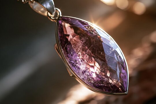 Marquise cut amethyst pendant necklace sparkling with golden light reflections