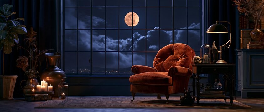 Velvet armchair and vintage desk lamp by large window overlooking full moon in dark room