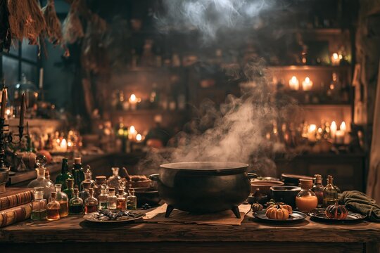 Witches cauldron steaming with glowing magic potions on dark wooden table