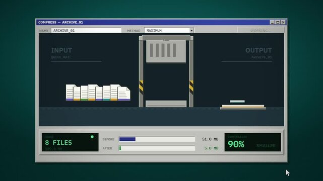 Retro file compression software interface animation squeezing ten files into one archive