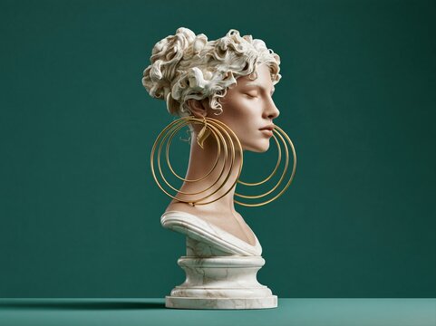 Sculpture of a woman with large gold hoop earrings on a green background