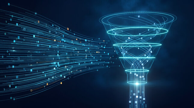 Digital data funnel processing information into structured analytics