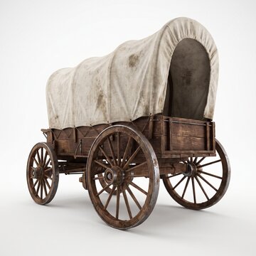 A rustic, vintage covered wagon with wooden wheels and a weathered canvas top, depicted on a plain white background.