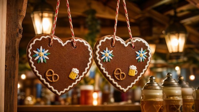 Two Oktoberfest gingerbread hearts with edelweiss pretzel and beer.