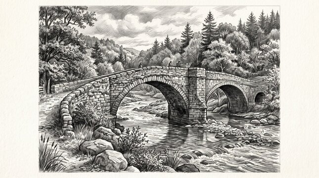 Vintage hand-drawn illustration of a stone arch bridge over a river in a forest landscape