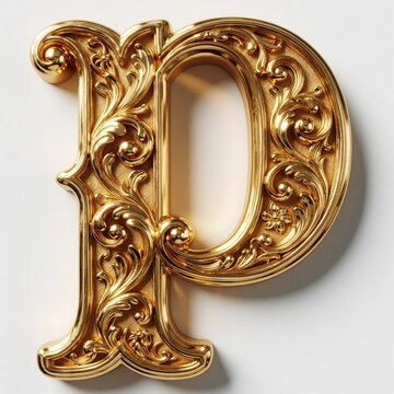 Ornate golden letter P with baroque floral carvings. Luxurious 3D metal alphabet character features intricate scrollwork, elegant design. Shiny gold serif font stands on white background. High