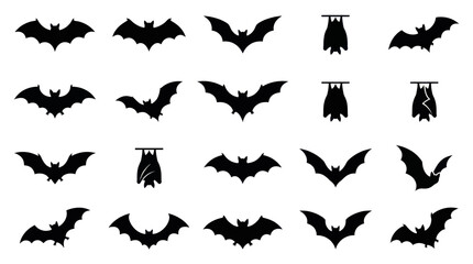 Fototapeta premium Set of black bat silhouettes in various flying and hanging poses for Halloween design.