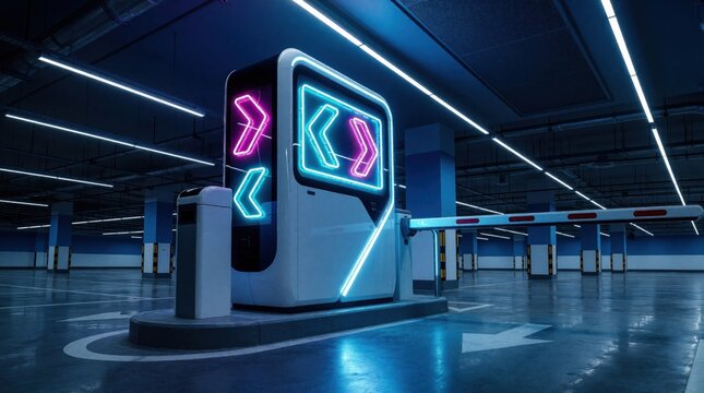 Modern parking lot entry with neon arrows and automatic barrier. Futuristic terminal controls vehicle access with digital display and illuminated guidance system inside a smart urban garage structure.