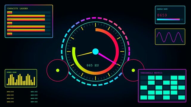 A vibrant edge analytics dashboard interface displays circular gauge movements and luminous bar charts within a complex digital system designed for real time data processing and monitoring