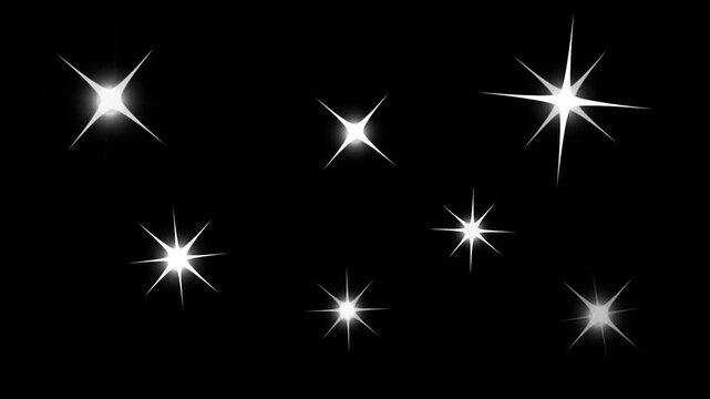White star sparkles drift across a black background in a cosmic display.