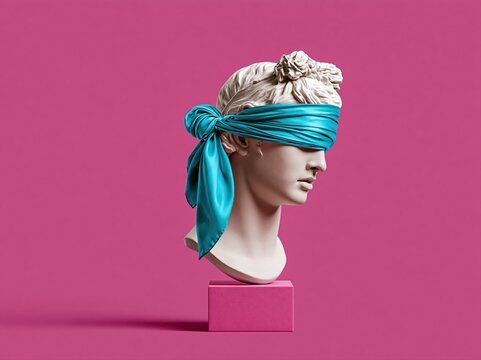 Statue with a blue cloth blindfold in front of a pink background
